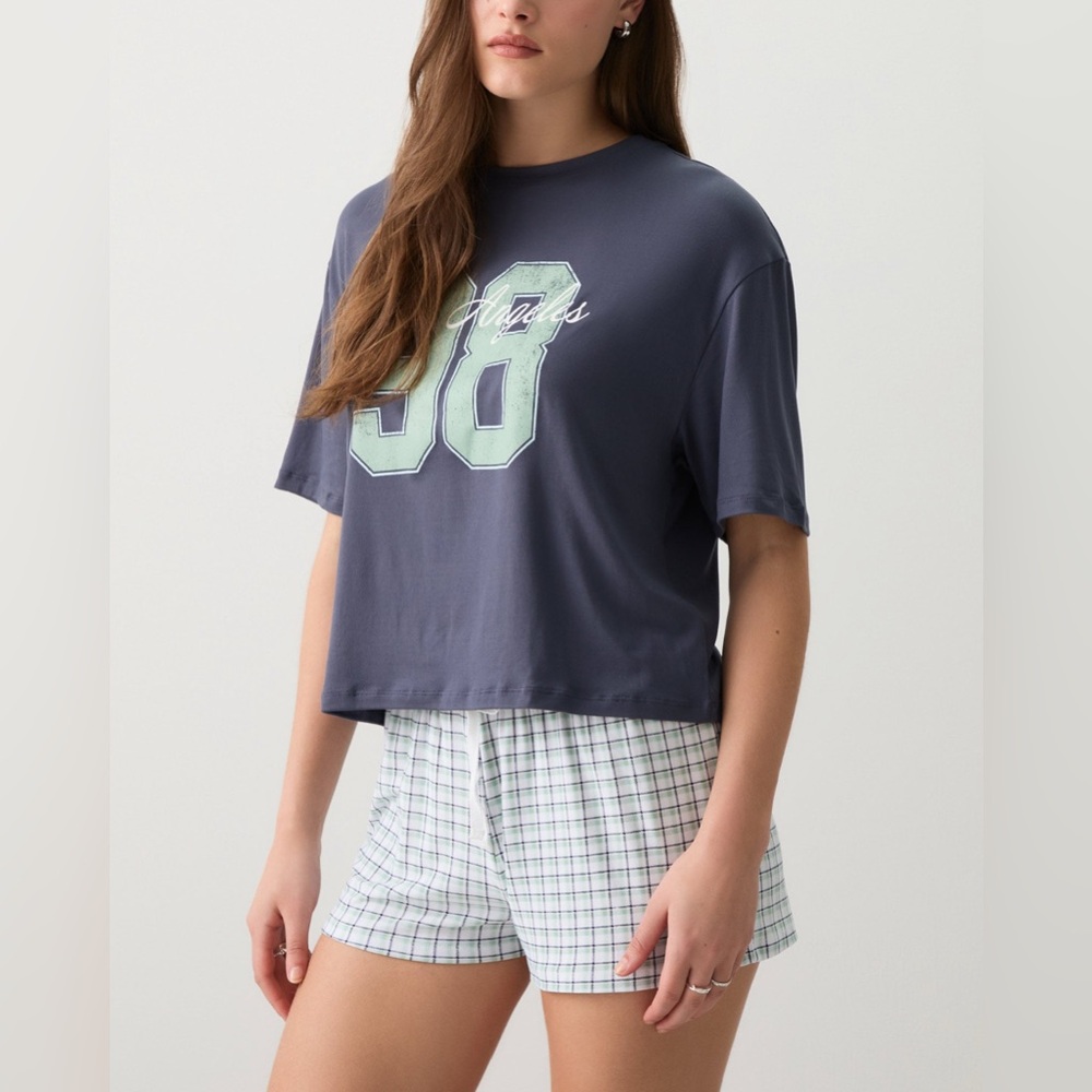 Ardene Graphic Navy Top and Plaid Shorts Set